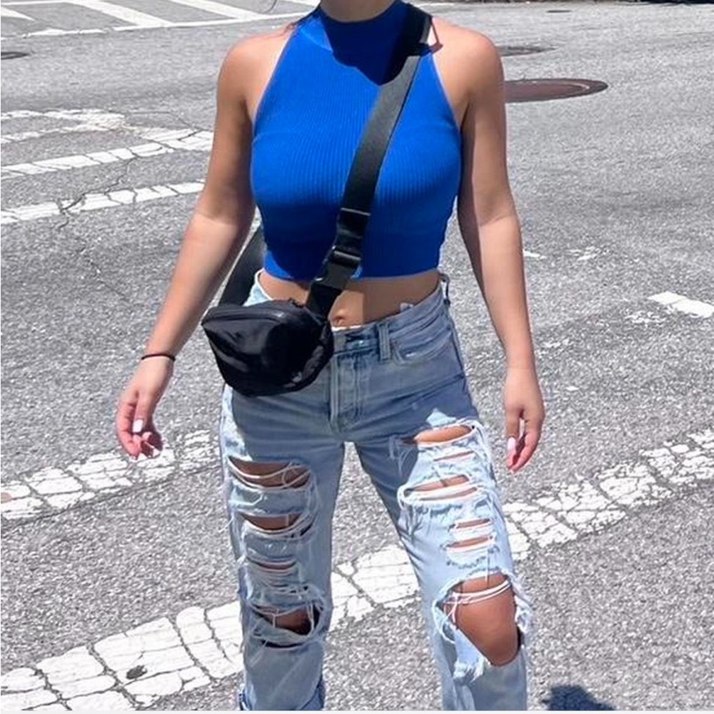 Blue Ribbed Crop Top